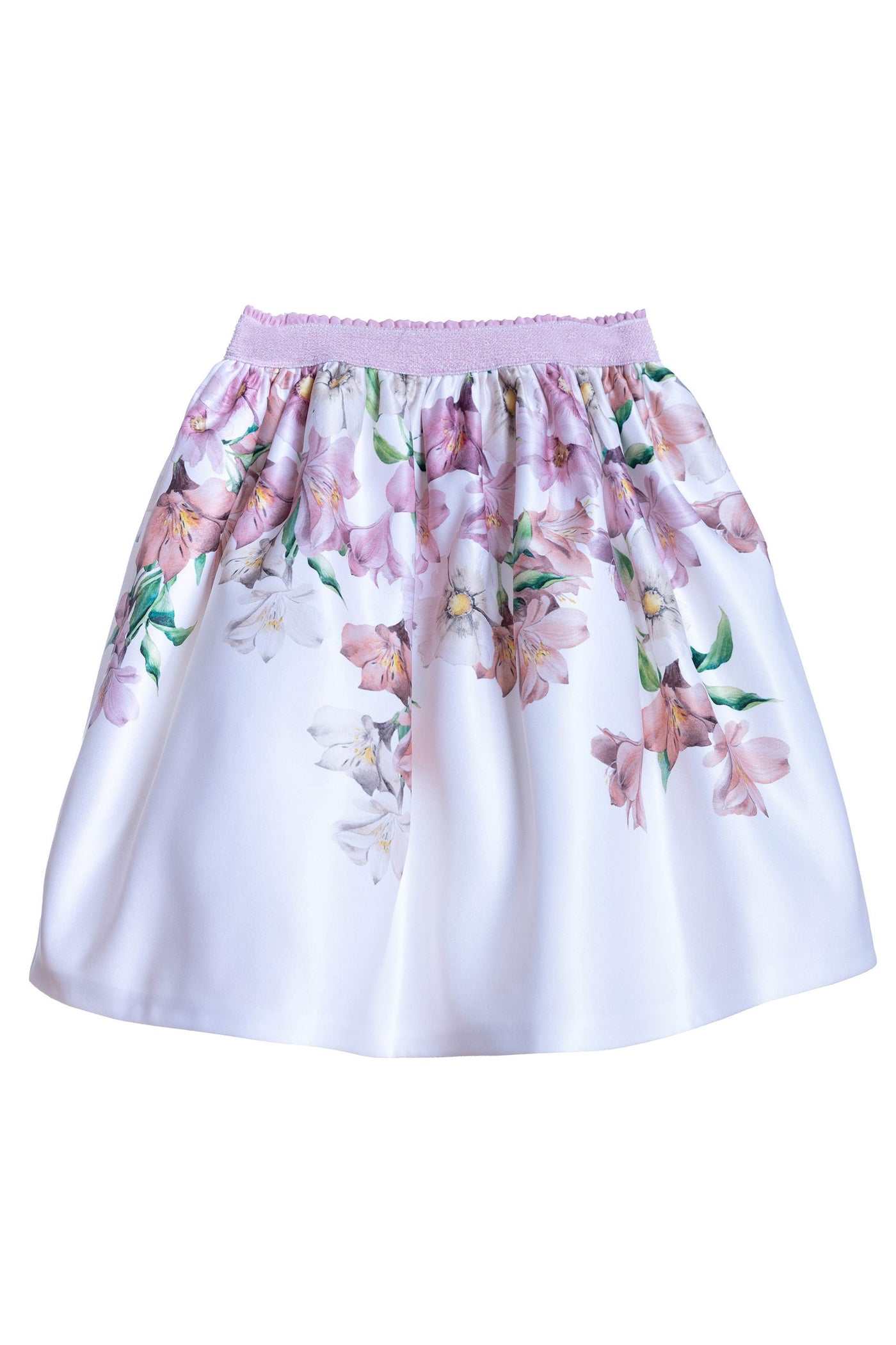 White satin floral skirt with pink elastic belt