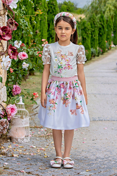 White satin floral skirt with pink elastic belt