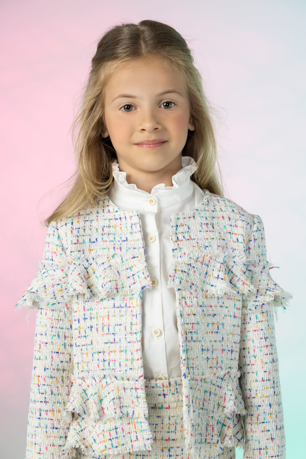 White and multicolor tweed cotton blend blazer