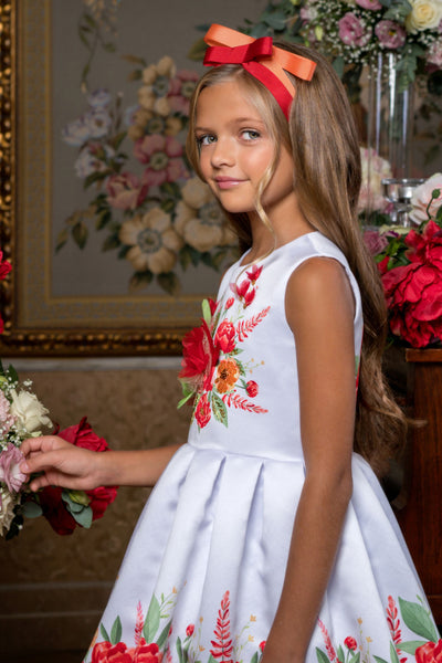 White floral dress with hand-made embellishments