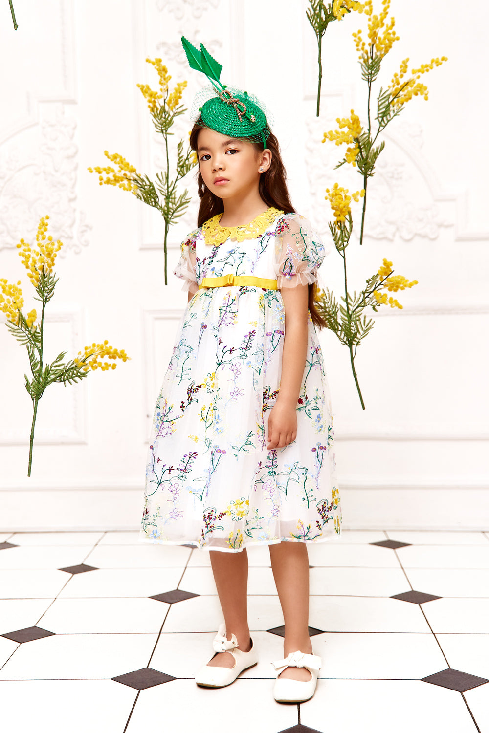 White floral embroidered lace dress with yellow hand-made cotton collar and grossgrain ribbon