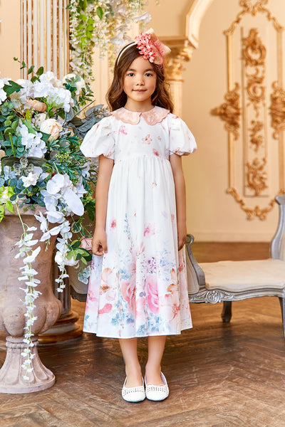 White satin cotton floral dress with puffed sleeves and embroidered collar