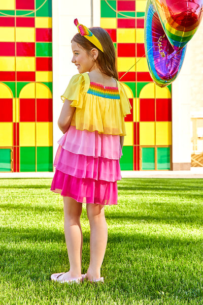 Yellow, pink and fuchisa chiffon tired frills dress with matching multicolor front detail