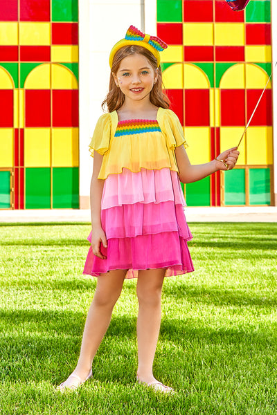 Yellow, pink and fuchisa chiffon tired frills dress with matching multicolor front detail