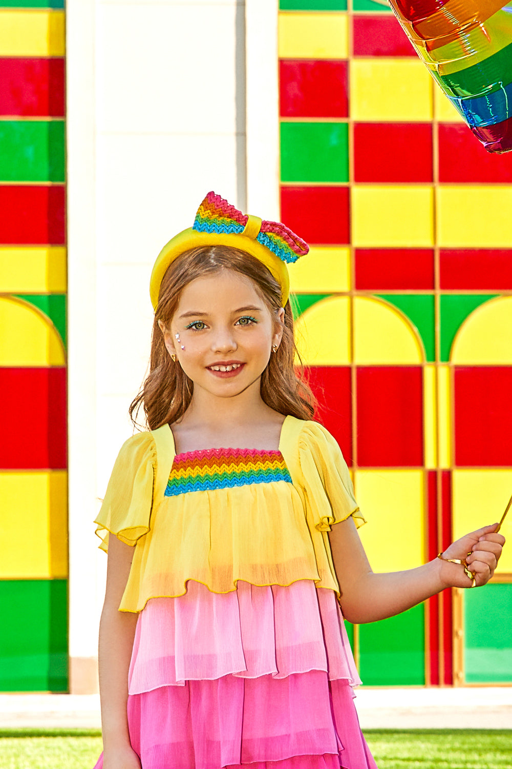 Yellow, pink and fuchisa chiffon tired frills dress with matching multicolor front detail
