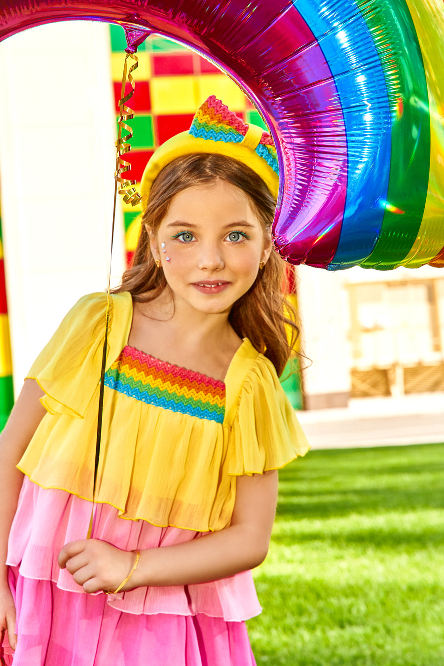 Yellow, pink and fuchisa chiffon tired frills dress with matching multicolor front detail