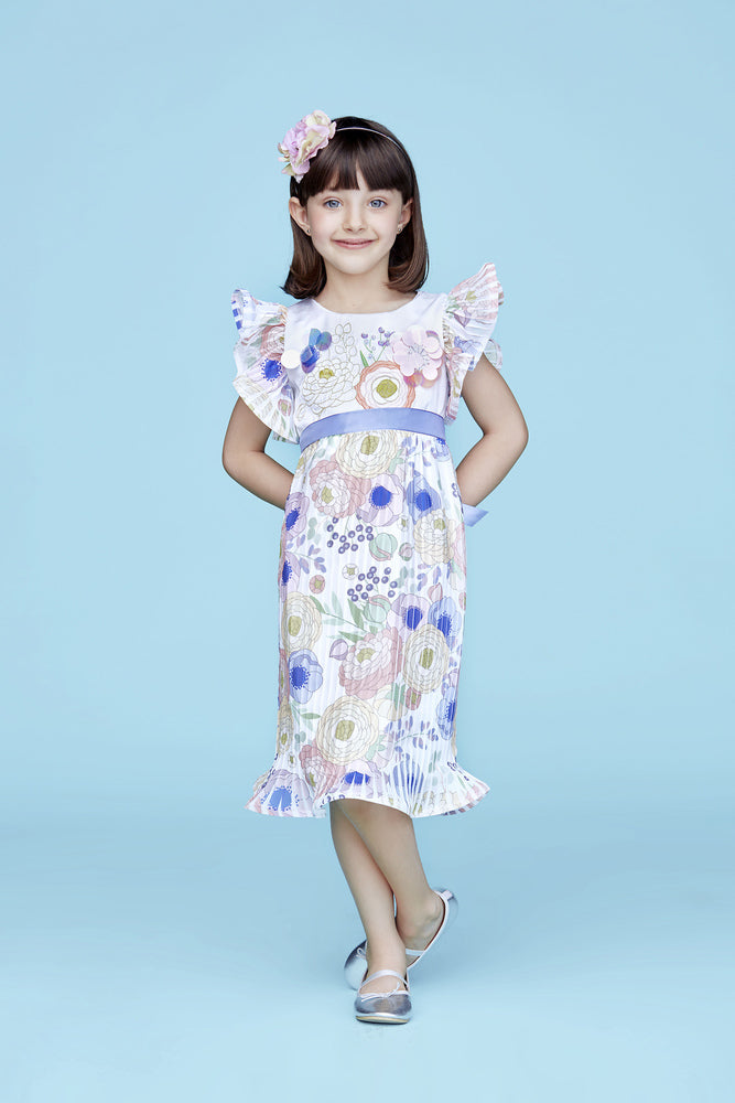 Ranunculus print filled dress with embroidery and sequins