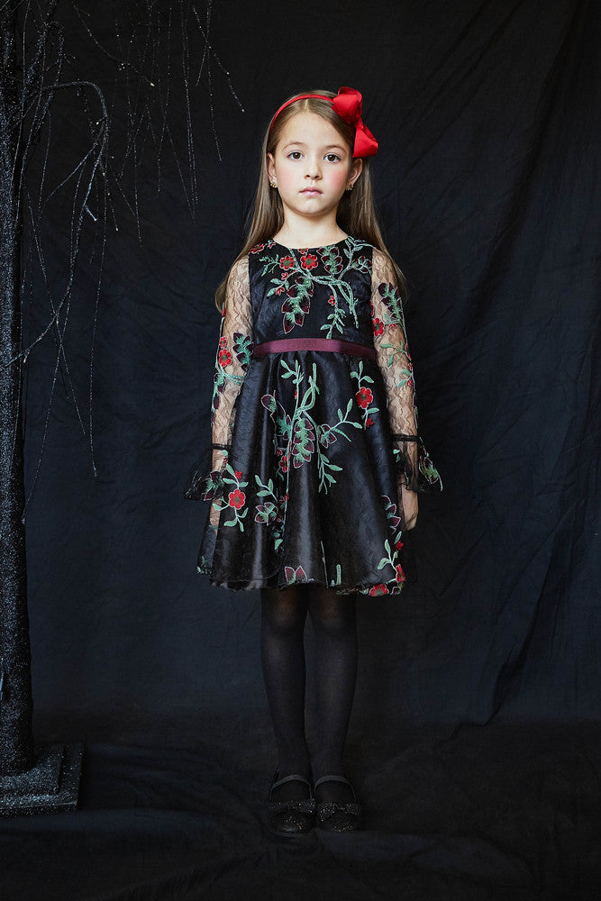 Black lace dress with floral embroidery and Swarovski gems