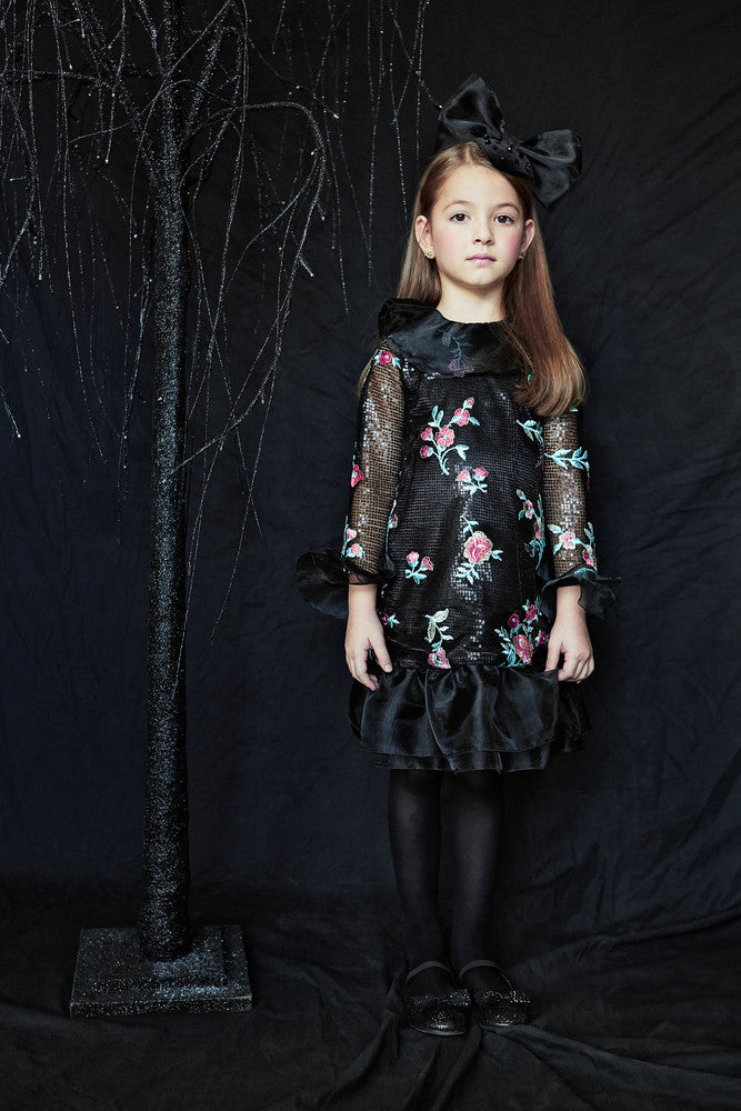 Black sequin dress with floral embroidery and organza frills