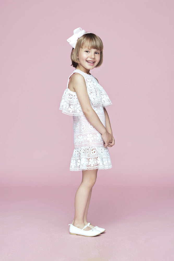 White frilled lace dress with pink underlay