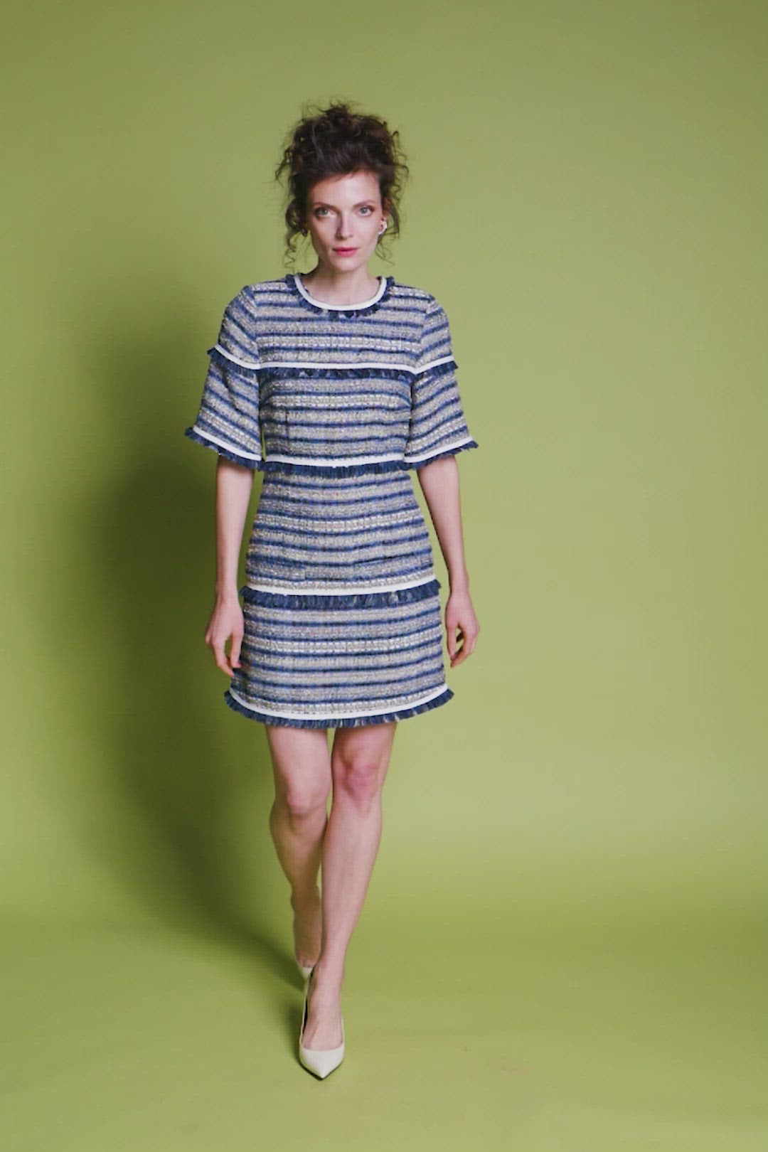 Blue textured dress with short sleeves