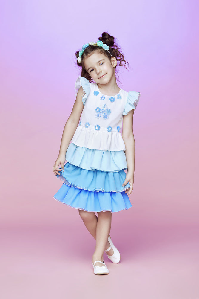 White and blue ruffle silk georgette and organza dress with mini flowers