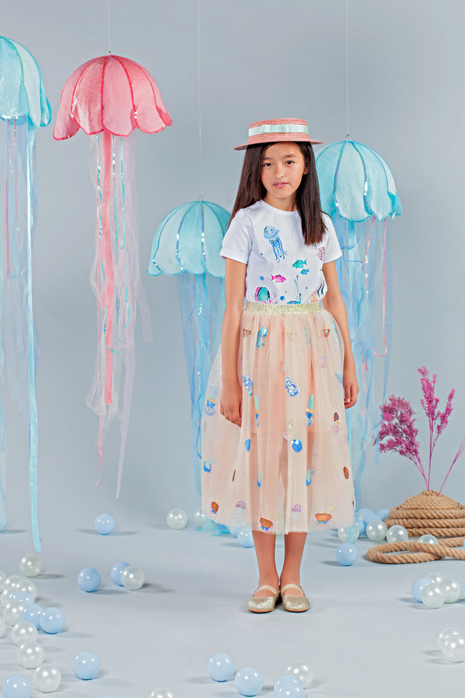 Ecru tulle jellyfish embroidery skirt